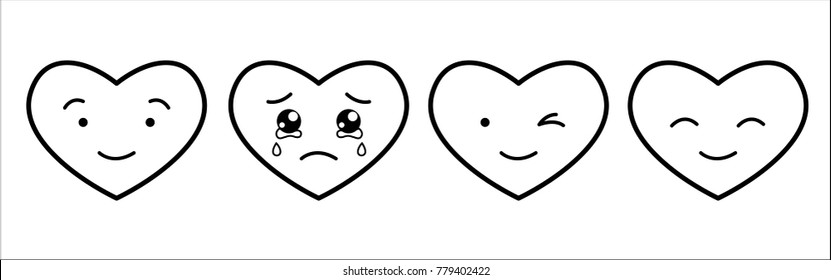 Set of black and white heart emoticons. Vector emoji on white background.