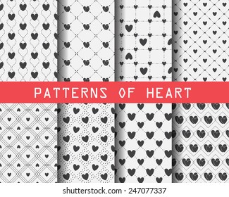 set of black and white Heart seamless patterns, for valentines day, Pattern Swatches, vector, Endless texture can be used for wallpaper, pattern fills, web page,background,surface