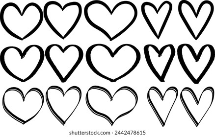 Set of black and white hearts of different shapes for overlay. Use in banners, patterns, layouts, postcards, leaflets.