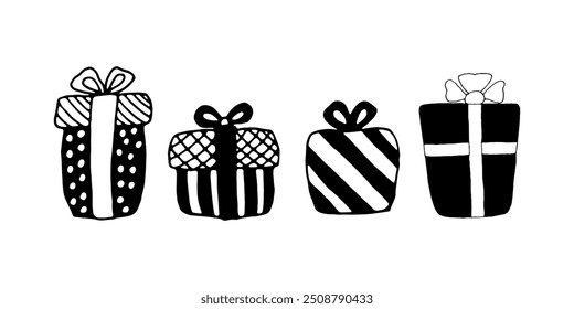 Conjunto de cajas de regalo de vacaciones en blanco y negro con cintas y lazos, rayas y lunares para el diseño. Ilustración vectorial, iconos