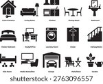 Set of Black and White Home Icons Showing Different Rooms and Areas in a House Vector Illustration