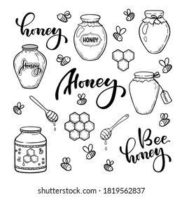 Set of Black and white honey, bee, jar. Doodle line art. Cartoon comics style with contour. Decoration for greeting cards, posters, patches, prints for clothes, emblems