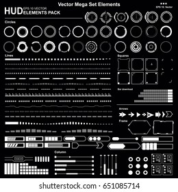 Set Black And White HUD Interface Elements, Lines, Circles, Pointers, Frames For Web Applications, Display Elements For The Web