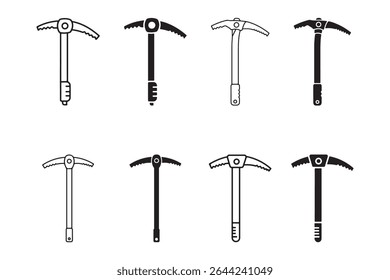 Set of black and white ice axe icons for winter sports and mountaineering design