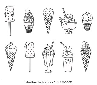 A set of black and white ice cream outlines on an isolated background. Icon, coloring book.