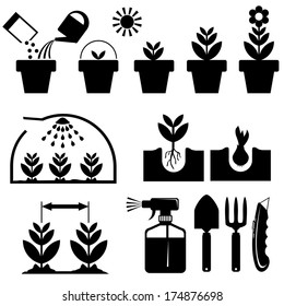 set black and white icons for agrotechnics and growing plants