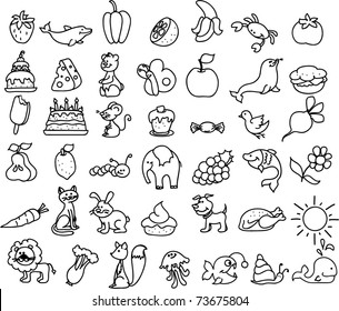 set of black and white icons of animals, nature, food