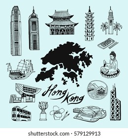 Set of black and white icons and attractions of Hong Kong culture elements.