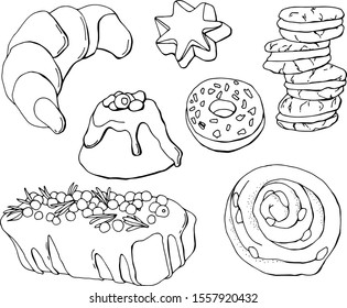  set of black and white icons baking, bun, pretzel, croissant