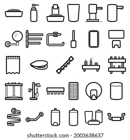 set of black and white icons of bathroom and toilet accessories, vector