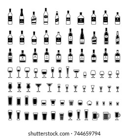 Set of black and white icons bottles and glasses of alcohol. Vector