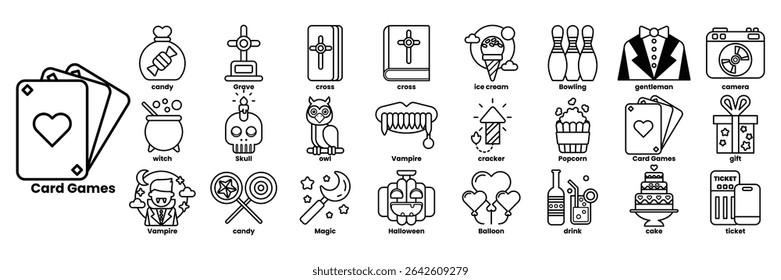 Um conjunto de ícones em preto e branco para um jogo de cartas. Os ícones incluem um baralho, uma tigela de doces, um livro, uma cruz, uma caveira, um gato, uma garrafa, uma tigela, uma tigela de doces