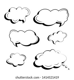 Set of black and white icons of clouds and explosions for text and slogans made in the style of comics. Comic cartoon vector. Isolated objects in pop art style