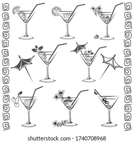 Set of black and white icons, cocktail glasses with fruits. strawberries, raspberries, orange, cherries, mint, olives, currants. Vector graphics