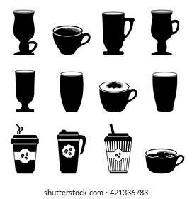 Set of black and white icons cups of coffee. Vector illustration