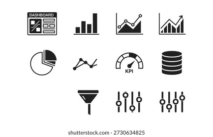 Un conjunto de iconos en blanco y negro para la visualización de datos y la inteligencia empresarial, que incluye gráficos, gráficos y otras herramientas de análisis de datos sobre un fondo blanco puro.