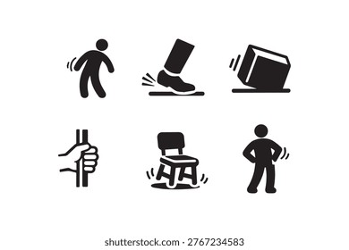 A set of black and white icons depicting various forms of movement impact vibration and stability including a person shaking a foot stomping a falling box and a gripping hand