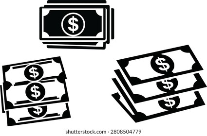 A set of black and white icons depicting stacks of dollar bills with dollar signs