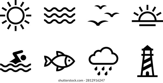A set of black and white icons depicting various beach and ocean elements, including sun, waves, birds, sunset, swimmer, fish, rain cloud, and lighthouse, all in simple line style