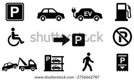 a set of black and white icons depicting various parking and transportation symbols, including cars, signs, and people, useful for design and informational purposes in marketing, advertising, and educational materials