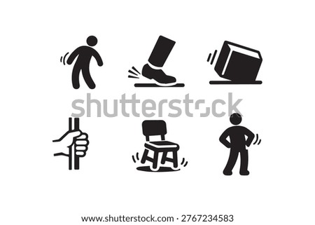 A set of black and white icons depicting various forms of movement impact vibration and stability including a person shaking a foot stomping a falling box and a gripping hand