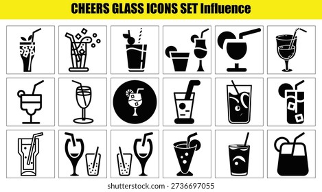 Set of black and white icons of different alcoholic and nonalcoholic drink glasses