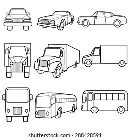 Set of black and white Icons of different target vehicles in different positions symbols car, truck, bus. Vector Illustration