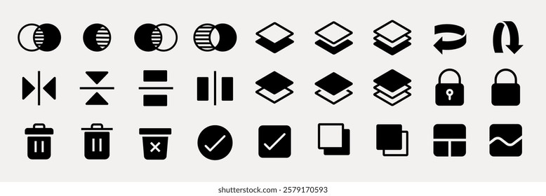 Set of black and white icons featuring various symbols like layers, locks, and arrows. Includes check marks, trash bins, and circular designs. Minimalist icon set. User interface icons, vector set.