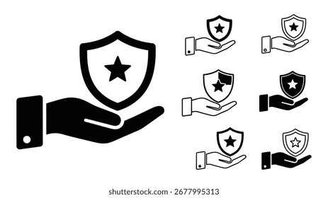 Set of black and white icons featuring shields, hands, and security symbols, ideal for cybersecurity and protection themes.