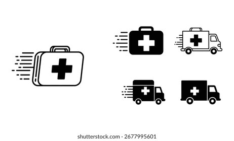Conjunto de ícones em preto e branco com kits de primeiros socorros e ambulâncias, simbolizando serviços médicos e de emergência. Design de estilo de vetor.