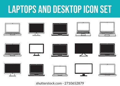 Un conjunto de iconos en blanco y negro con computadoras portátiles y monitores de computadora de escritorio. Los iconos se presentan en un formato de cuadrícula sobre un fondo blanco. Tanto las siluetas rellenas como los estilos de contorno se utilizan para representar los dispositivos informáticos, mostrando diferentes ángulos y tipos de pantallas.