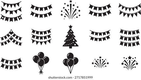 Eine Reihe schwarz-weißer Symbole mit verschiedenen festlichen Elementen wie Partyfahnen, Feuerwerk, Weihnachtsbaum und Ballons, perfekt für Feiertage und Feierlichkeiten.