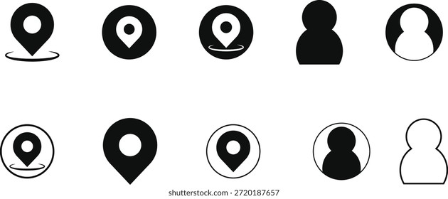 A set of black and white icons featuring map pins and human profiles in different shades