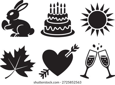 Un conjunto de iconos en blanco y negro con un conejo, pastel, sol, hoja, corazón con flecha y gafas de tintineo de alta calidad