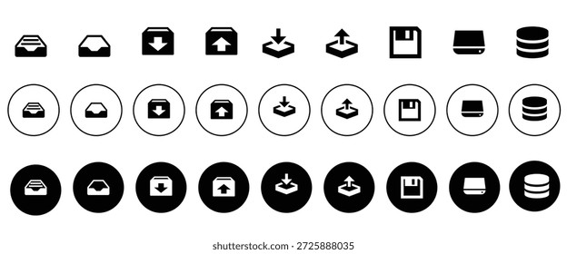 Um conjunto de ícones em preto e branco com vários símbolos de gerenciamento de dados, incluindo download, upload, salvamento e representações de banco de dados em diferentes estilos.