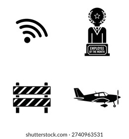 A set of black and white icons featuring a wifi symbol, an employee of the month award, a roadblock, and a small airplane silhouette