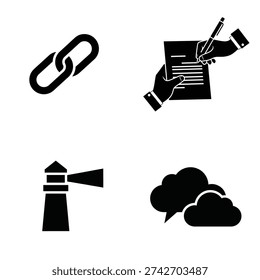 A set of black and white icons featuring a chain, hands signing a document, a lighthouse, and clouds silhouette
