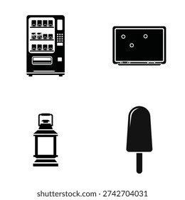 A set of black and white icons featuring a vending machine, laptop, lantern, and ice cream on a clean white background silhouette