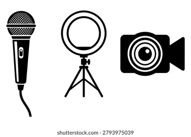 A set of black and white icons featuring a microphone, a ring light on a tripod, and a camera, all on a clean white background, perfect for social media, recording, or streaming concepts.