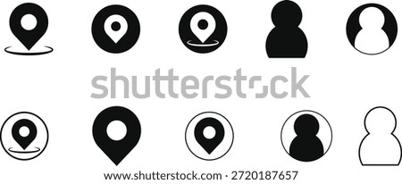 A set of black and white icons featuring map pins and human profiles in different shades