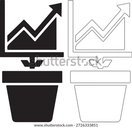 A set of black and white icons featuring graphs and pots, representing business and growth concepts in a modern, minimalist style, isolated on white background