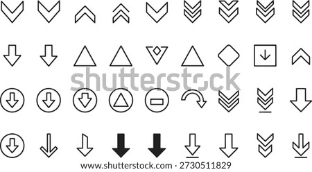 A set of black and white icons featuring arrows, chevrons, and directional symbols