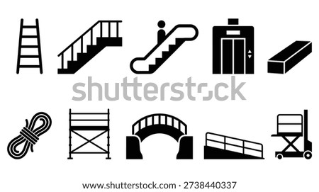 a set of black and white icons featuring different types of stairs including straight, spiral, and inclined, along with construction related items such as a ladder, rope, scaffolding, bridge, gate, and a scissor lift