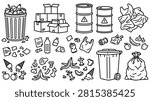 Set of black and white icons including trash cans, plastic bottles, paper, food scraps, and hazardous waste barrels.
