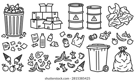 Set of black and white icons including trash cans, plastic bottles, paper, food scraps, and hazardous waste barrels.