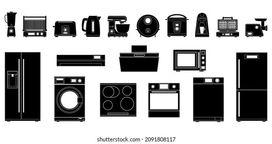 A set of black and white icons of kitchen and household appliances. Black silhouette on a white background. Electrical appliances for home and kitchen.