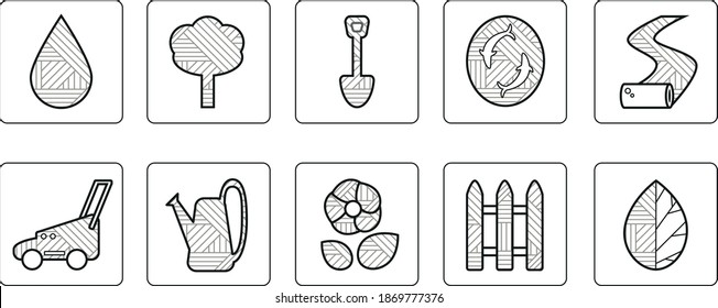 Set of black and white icons for landscape design. Garden and home improvement icons. Shovel icon, pond, lawn mower, fence, water, bush, watering can
