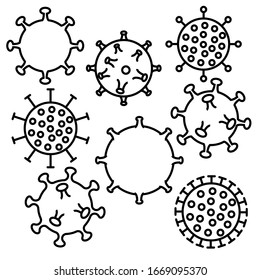 Set of black and white icons of medical viruses microbes dangerous deadly strain covid 019 coronavirus epidemic pandemic disease. Vector illustration.