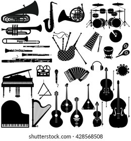 Set of black and white icons of musical instruments