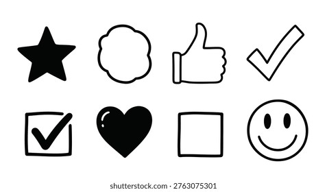 A set of black and white icons, notably featuring a distinct heart silhouette style.